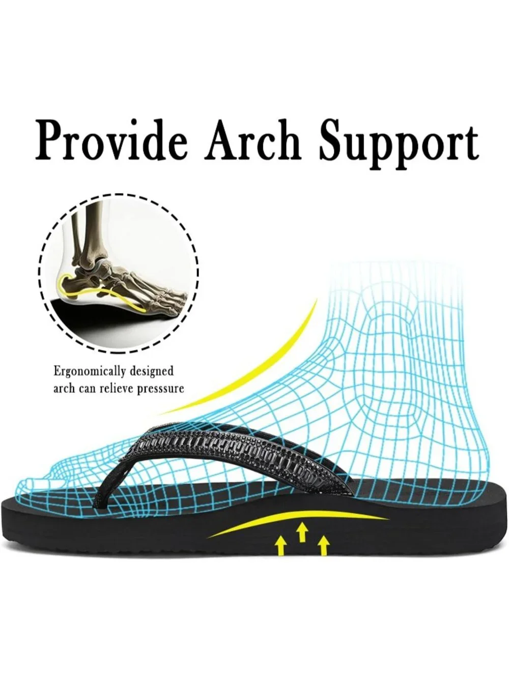 Women's Black Summer Comfortable Flip Flops with Rhinestone Beach Thong Sandals